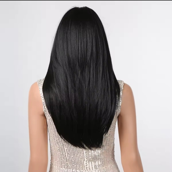 Dark Black Layered High-quality Synthetic Long Straight Wig - Picture 4 of 7